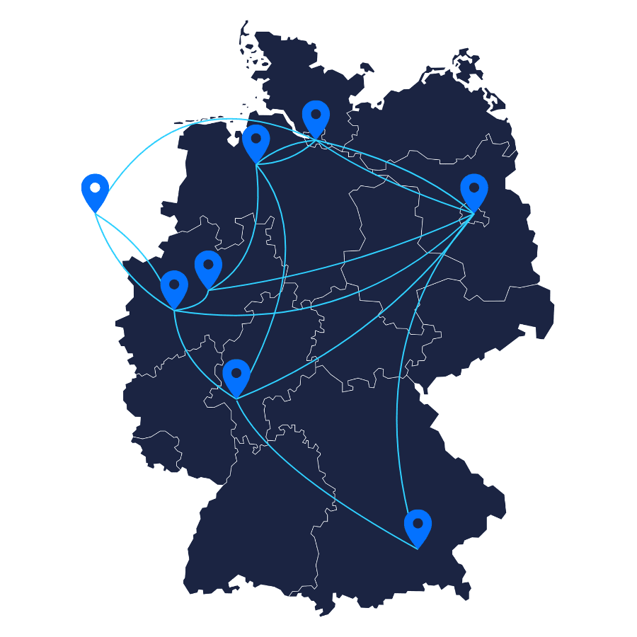 Karte von Deutschland mit eingezeichnetem Glasfasernetz von LWLcom, markiert mit Standorten der Backbones in Bremen, Hamburg, Düsseldorf, Dortmund, Frankfurt, Berlin, München und Amsterdam.