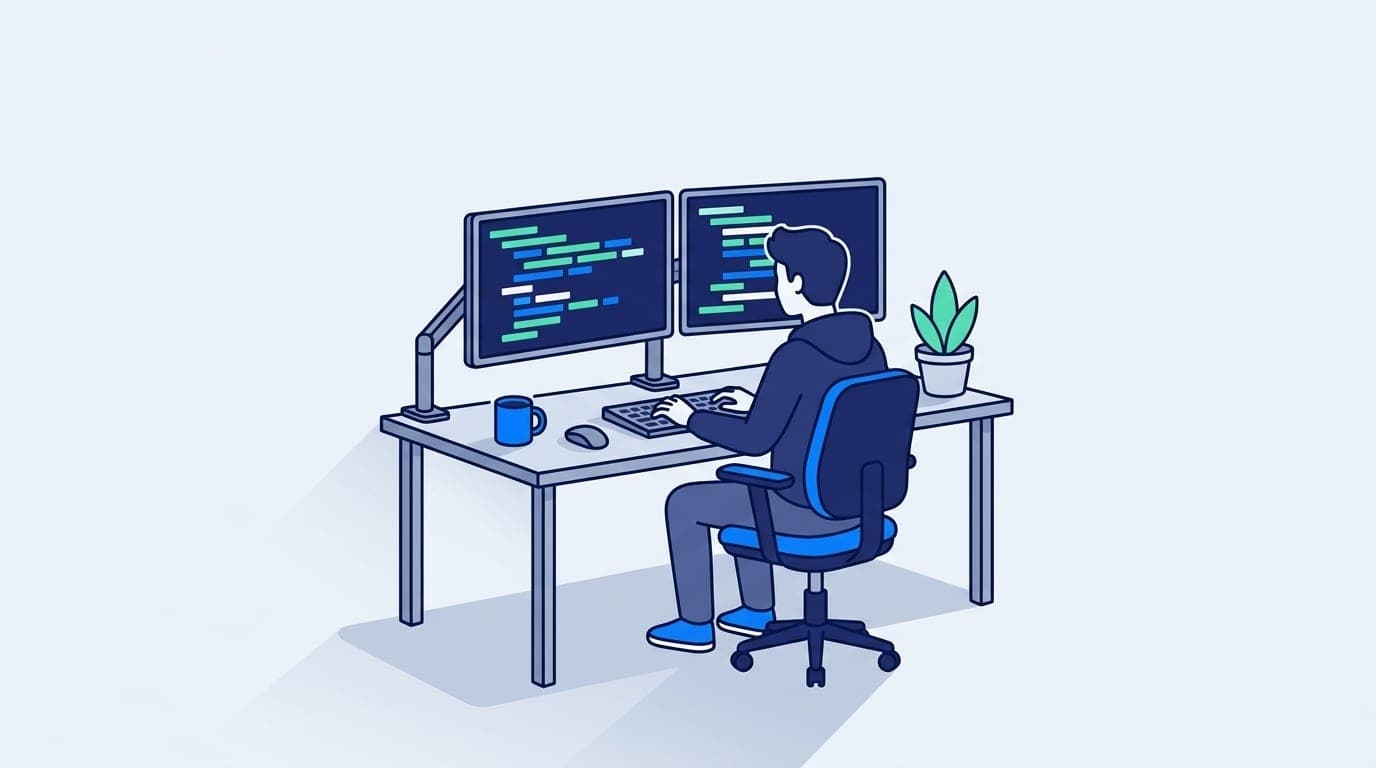 Illustration: Entwickler am Schreibtisch mit zwei Bildschirmen voller Code