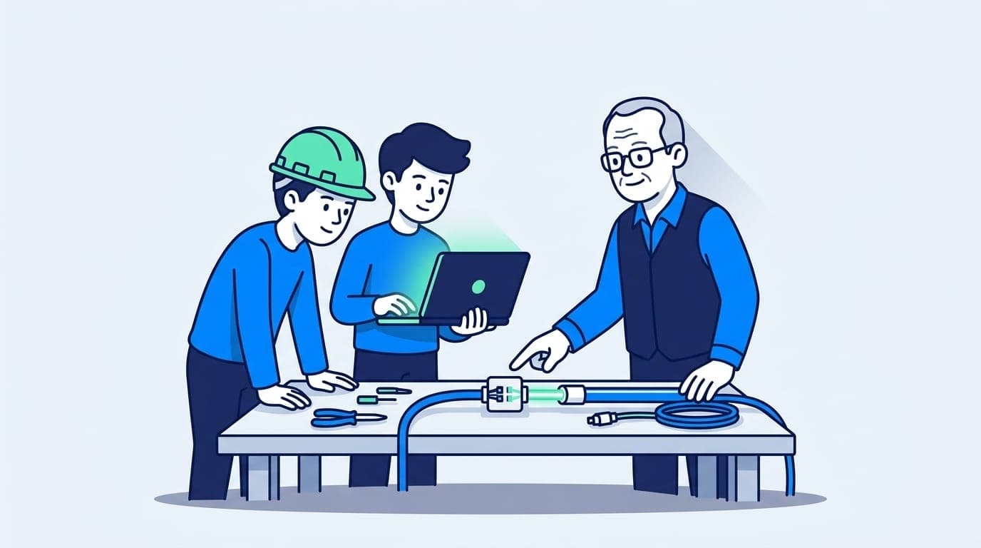 Illustration: zwei Auszubildende lernen von einem Ausbilder an einem Glasfaserstecker