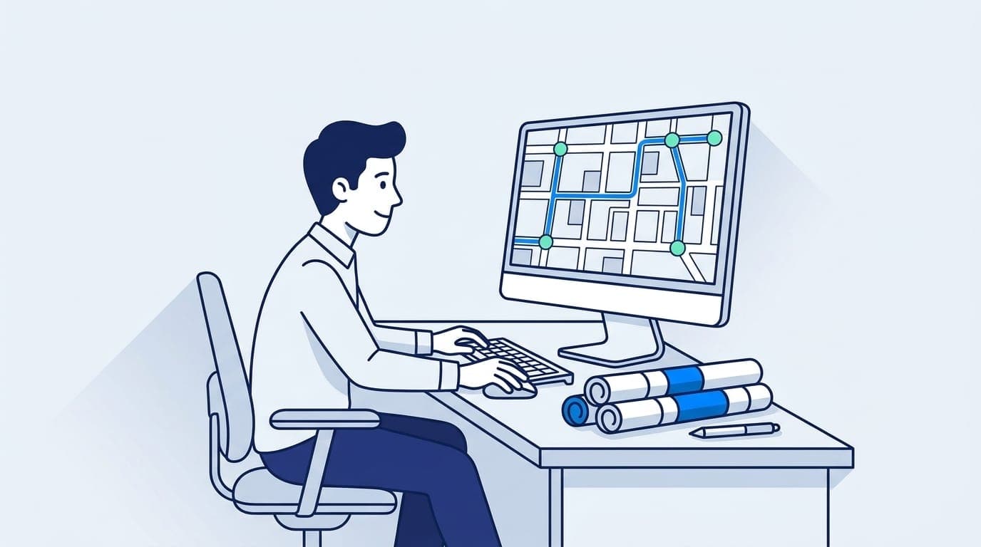 Illustration: Bauzeichner zeichnet Kabeltrassen in einen Straßenplan