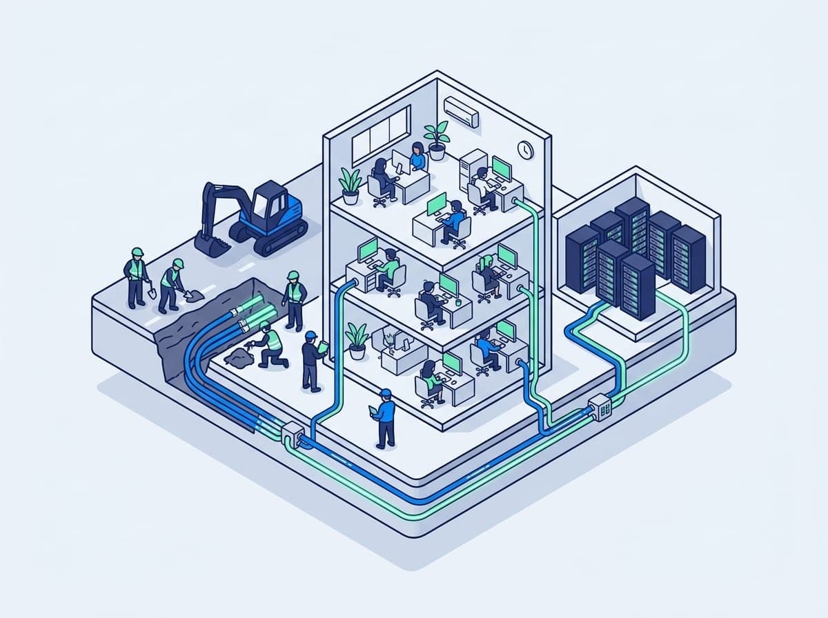 Illustration: Häuserblock mit Baustelle, Büro und Rechenzentrum, verbunden durch blaue Glasfaserleitungen