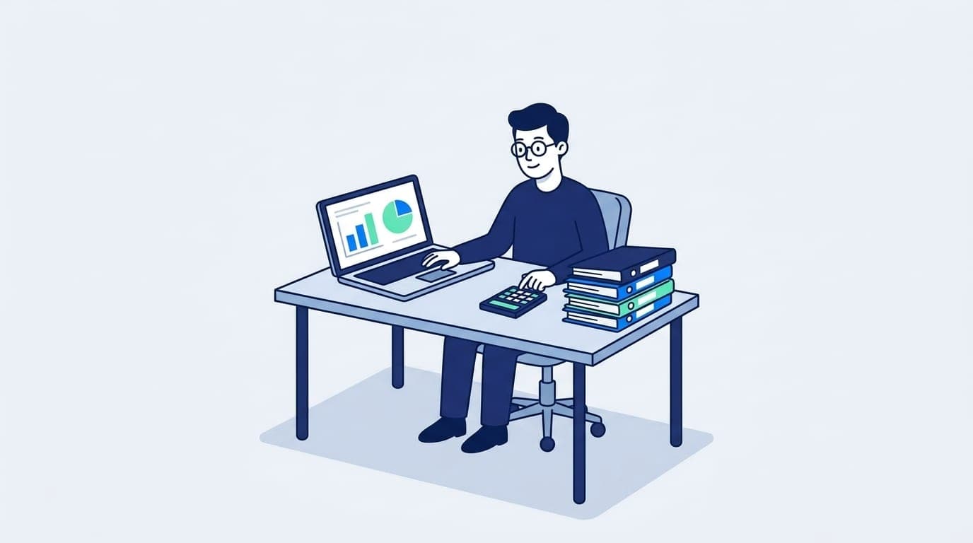 Illustration: Buchhalter am Laptop mit Diagrammen, Taschenrechner und Ordnern