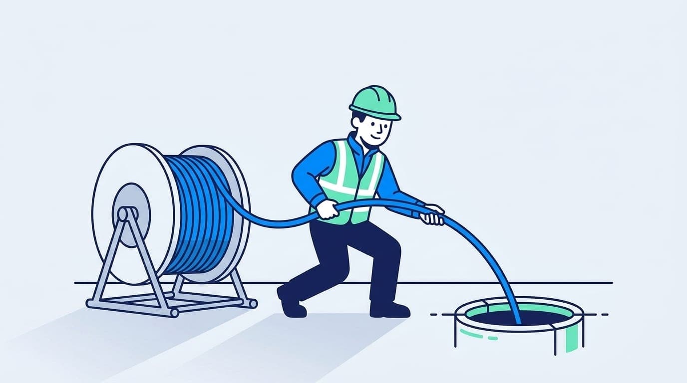 Illustration: Monteur zieht Glasfaserkabel von der Trommel in ein Leerrohr