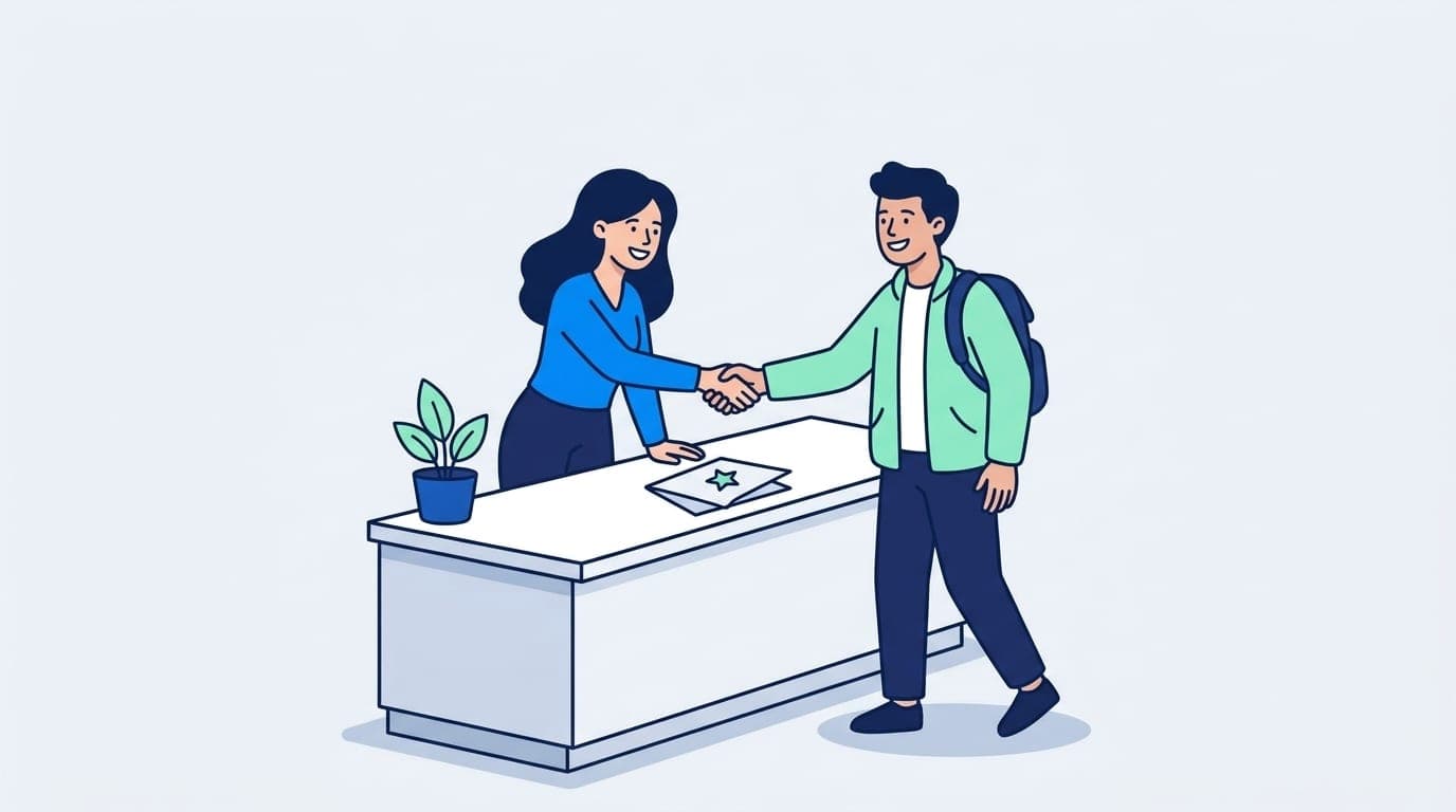 Illustration: HR-Kollegin begrüßt einen neuen Mitarbeiter am Empfang