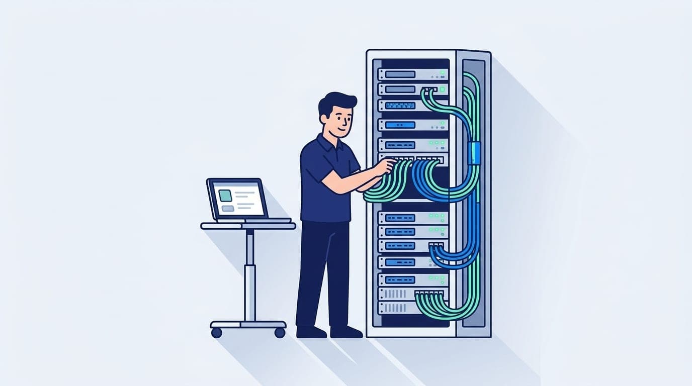Illustration: Techniker verkabelt einen Serverschrank mit Glasfaser