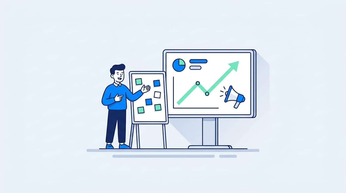 Illustration: Marketing-Kollege vor einem Bildschirm mit wachsender Kurve