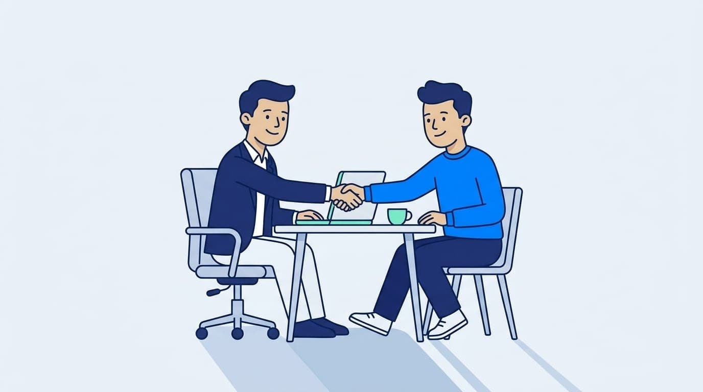 Illustration: Vertriebsberater und Geschäftskunde geben sich am Besprechungstisch die Hand