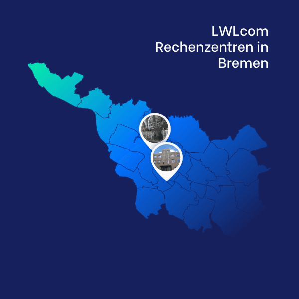 Karte von Bremen, in der die Rechenzentren von LWLcom eingezeichnet sind.