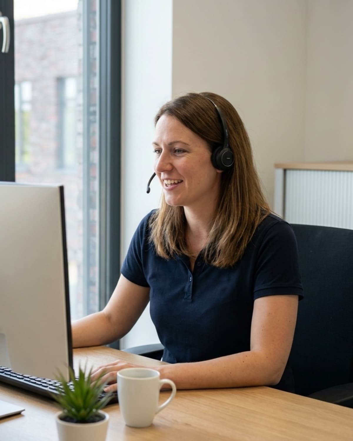 Lächelnde Kundenservice-Mitarbeiterin von lwlcom mit Headset
