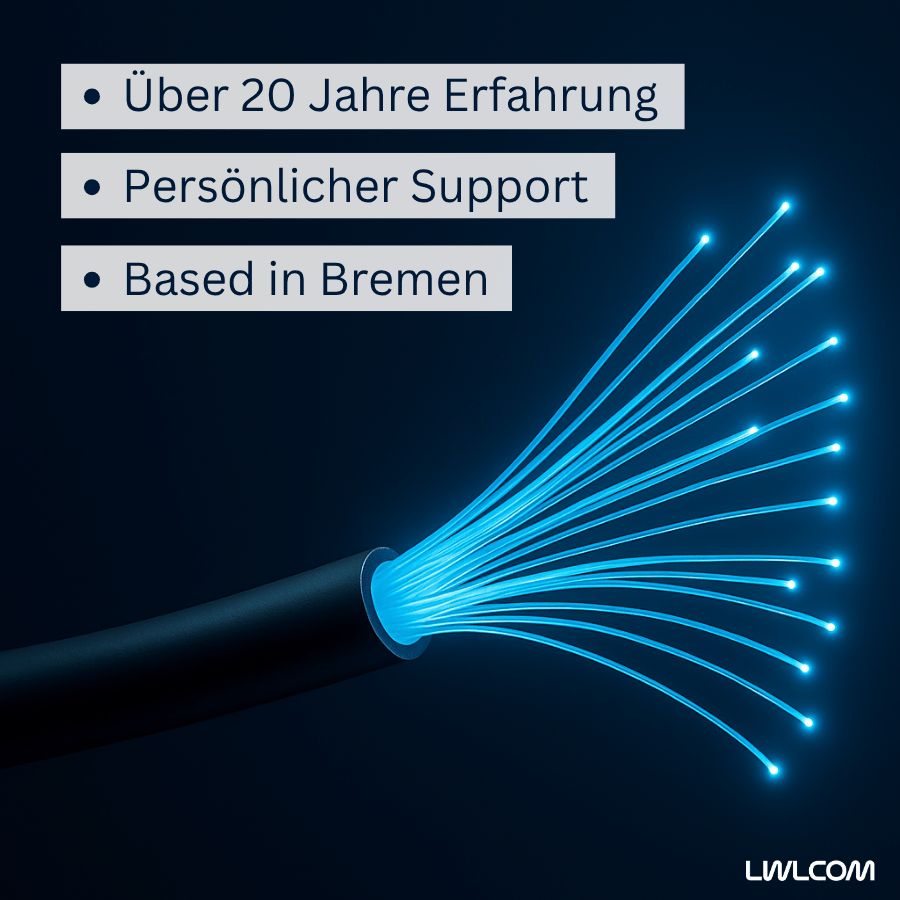 Ein Glasfaserkabel, aus dem blaue leuchtende Fasern rauskommen. Text: Über 20 Jahre Erfahrung, persönlicher Support, Based in Bremen.