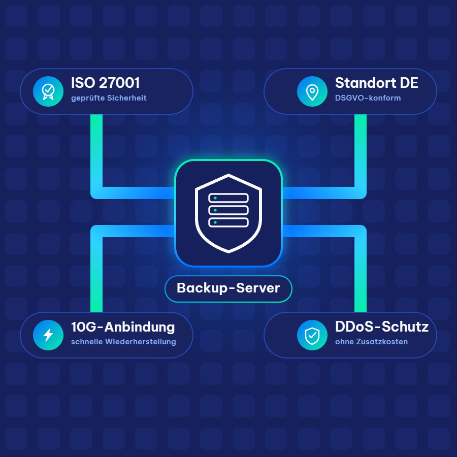 Abbildung zum Thema Datensicherung mit Dedicated Servern: ISO 27001, Standort DE, 10G-Anbindung, DDoS-Schutz