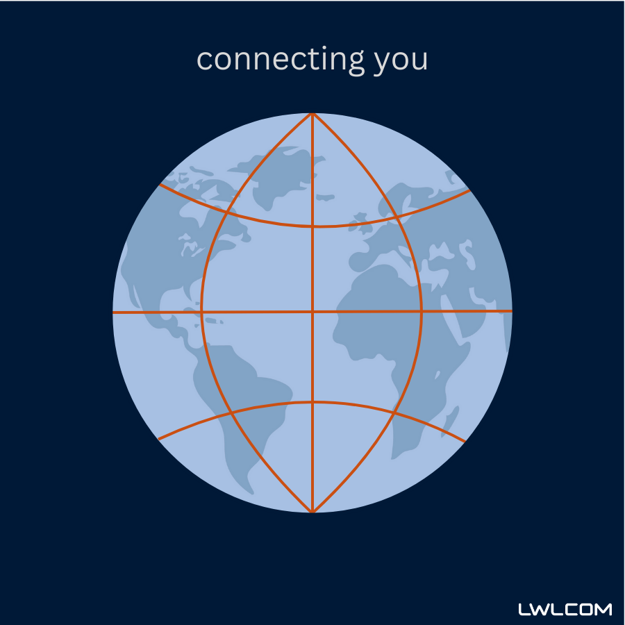 Weltkugel mit angedeuteten Längen- und Breitengraden in Orange auf blauem Grund, darüber der Text “connecting you”.